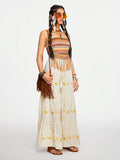 Vintage Sun Embroidered Holiday Style Wide Leg Pants
