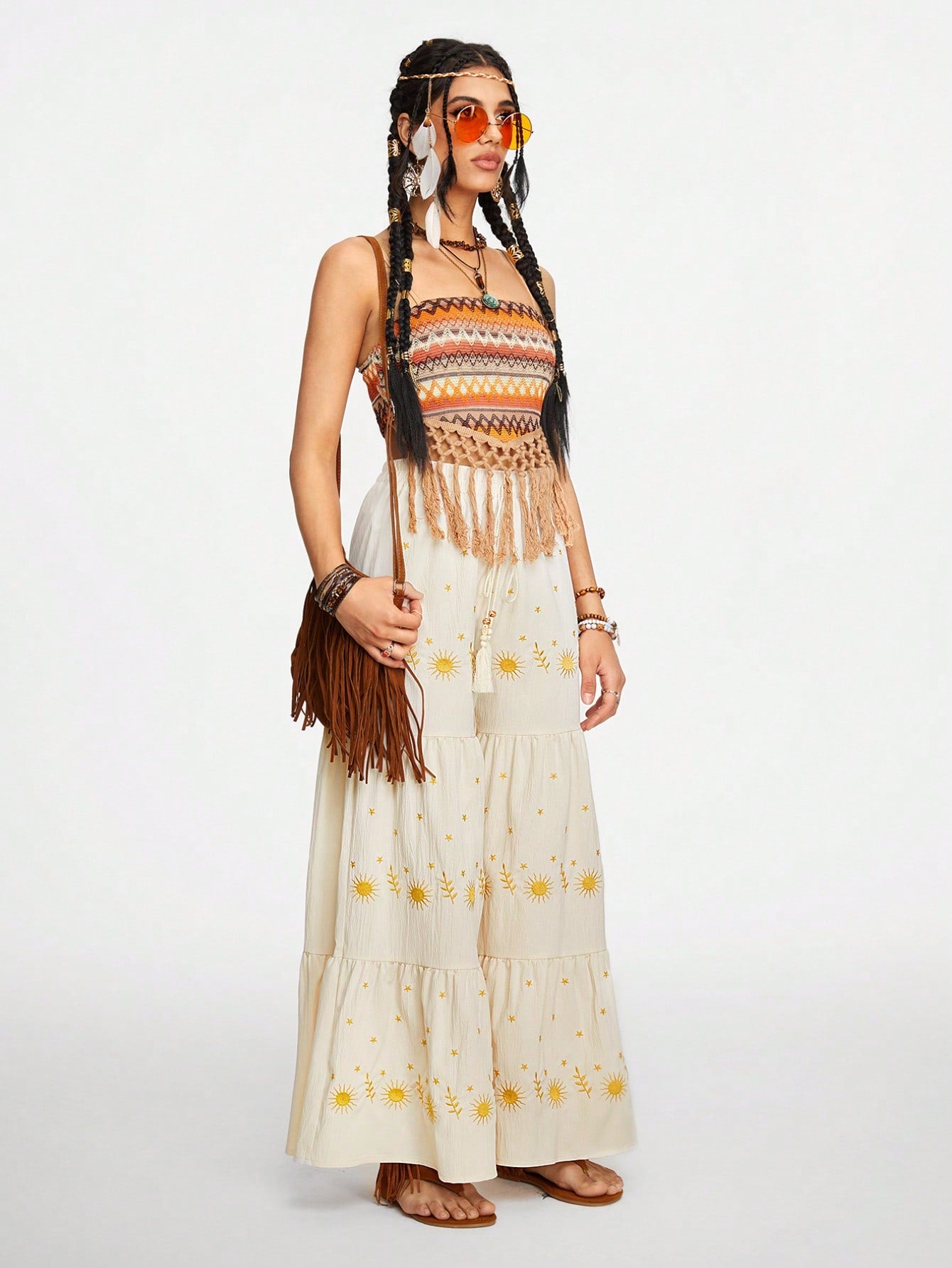 Vintage Sun Embroidered Holiday Style Wide Leg Pants