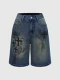 Punk Women's Cross Pattern Casual Bermuda Denim Shorts With Pockets