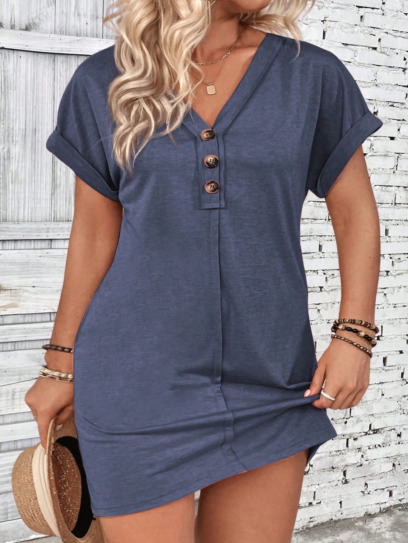 Plus Size Women Solid Color V-Neck Button Decoration Batwing Short Sleeve Casual Dress For Summer