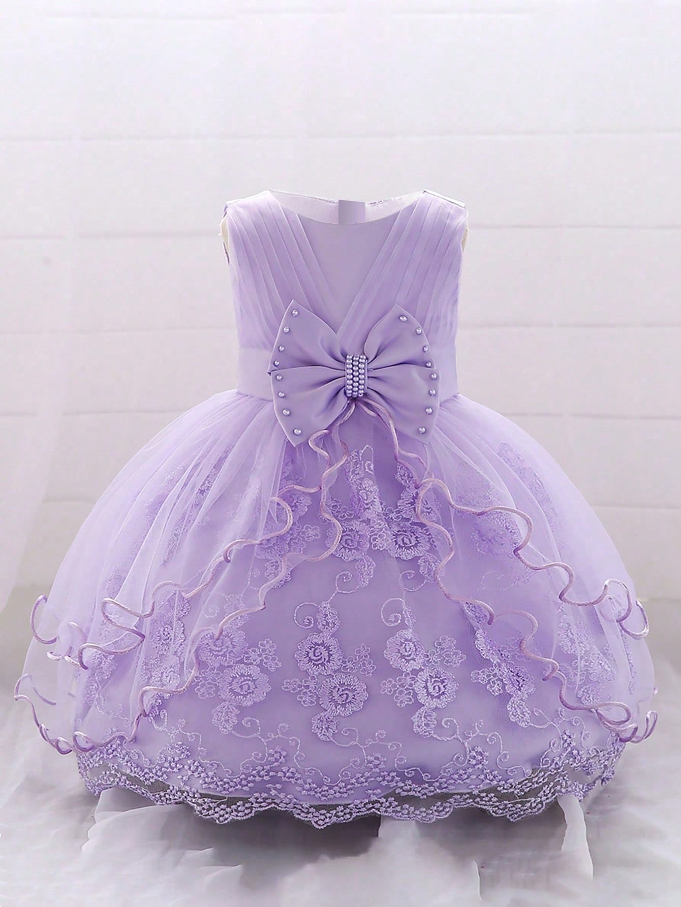 Young Girl Solid Color Tulle And Satin Fluffy Dress With Bow Decoration, Elegant And Gorgeous Party Dress Suitable For Birthday Party