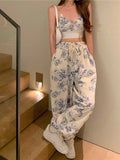 Printed Short Camisole Top & Strapless High Waisted Wide-Leg Pants Two Pieces Set