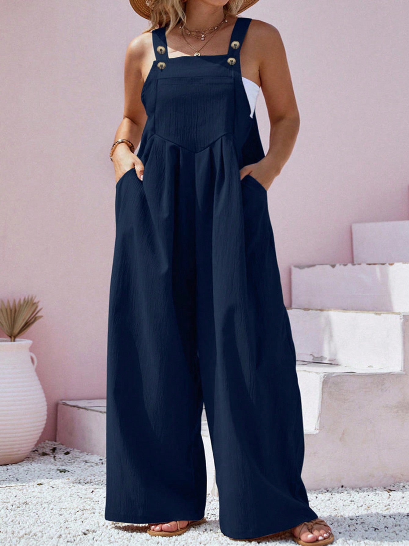 Plus Size Solid Color Sleeveless Jumpsuit With Pockets For Summer