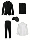 Teen Boy Gentleman Formal Wear 4pcs/Set, Including Long Sleeve White Shirt, Collar Blazer, Collar Vest, Black Pants. Perfect For Birthday Party, Evening Party, Performance And Wedding