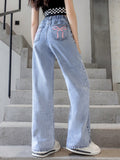 Teen Girl Casual Butterfly Printed Straight Leg Jeans, Water Washed
