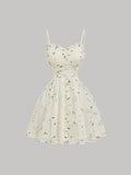 Women's Embroidered Mesh Ruffle Lace Mini Slip Dress