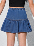 TWEEN GIRL Elastic Waist Zipper Detail Cute Cloud Denim Skirt