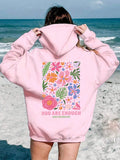 Floral & Plant Slogan Printed Hooded Fleece Sweatshirt With Drawstring For Vacation And Leisure