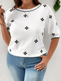 Plus Size Colorblock Floral Pattern Casual Round Neck Pullover Sweater