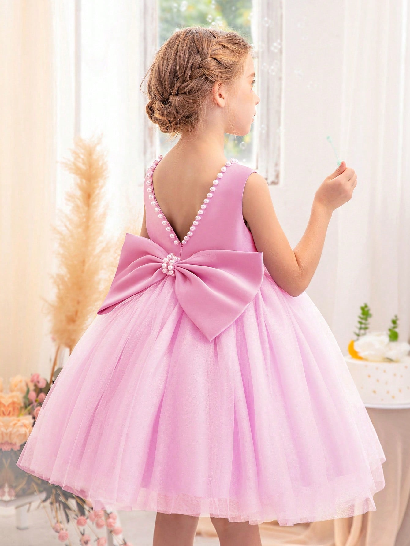 Young Girls' Pearl Butterfly Bowknot Formal Dress, Suitable For Birthday Party, Dance Party, Banquet, Festival And Wedding, Elegant Daily Wear, Stage Show, Fashion Show, Performance