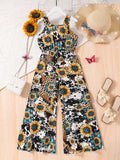 Tween Girl Flower Allover Print Jumpsuit With Spaghetti Straps And Wide Leg Palazzo Pants, Summer Casual Outfit