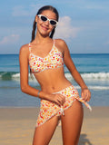 Tween Girl Printed Bikini Set With Beach Skirt Summer Beach