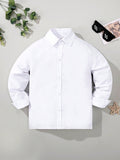 Tween Boy White Formal Dress Shirt, Classic Campus Style With Flower & Pocket Patch For Casual And Party, Long Sleeve