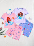 Tween Girl Snug Fit Cute Mermaid Pattern Color Block Crew Neck Short Sleeve Shorts Knit Pajama Set, Summer (4pcs)
