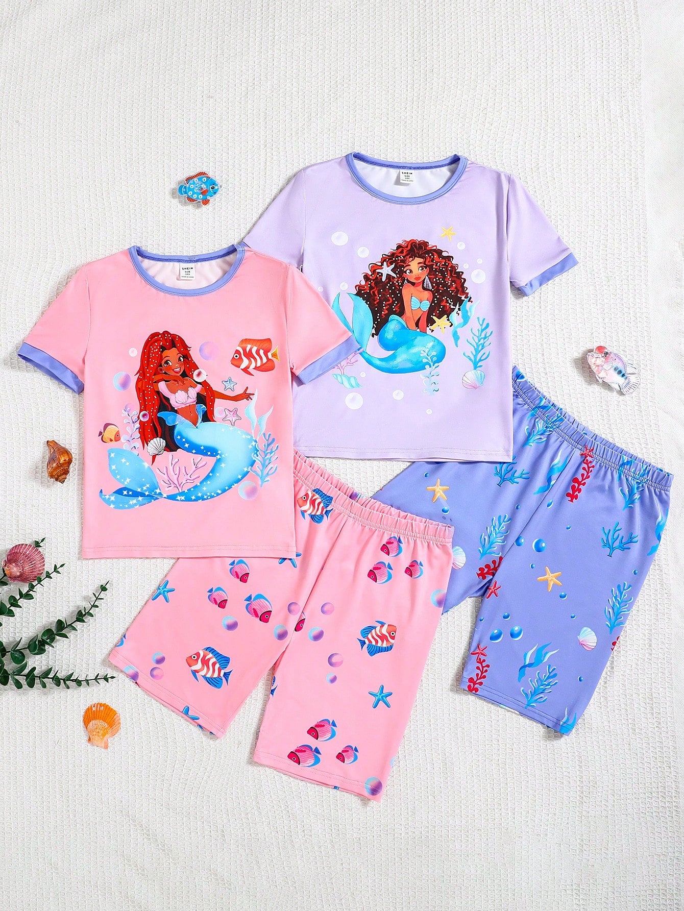 Tween Girl Snug Fit Cute Mermaid Pattern Color Block Crew Neck Short Sleeve Shorts Knit Pajama Set, Summer (4pcs)