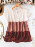 Plus Size Round Neck Color Block Pleated Lace Hem Short Sleeve Shirt, Summer