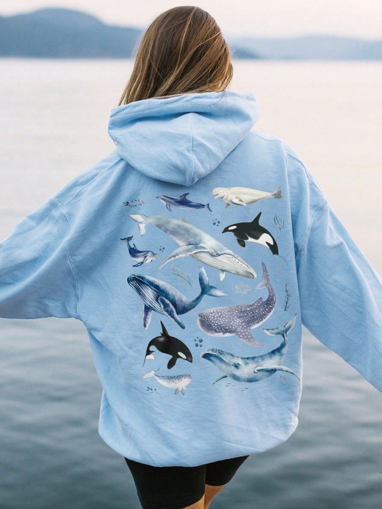 Women's Marine Life Printed Drawstring Casual Hoodie