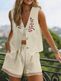 LilyWest Flower Embroidery Sleeveless Vest With Front Button Closure And Shorts With Pockets, Elegant Summer Suit