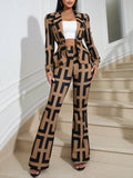 Geo Print Shawl Collar Blazer & Flare Leg Pants