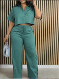 Casual Commuter Plus Size Women's Green Shirt And Pants Two Piece Set With Pockets