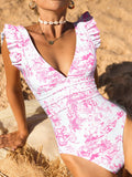 Solid Color Splicing Wood Frill Trim V-Neck Backless One-Piece Swimsuit