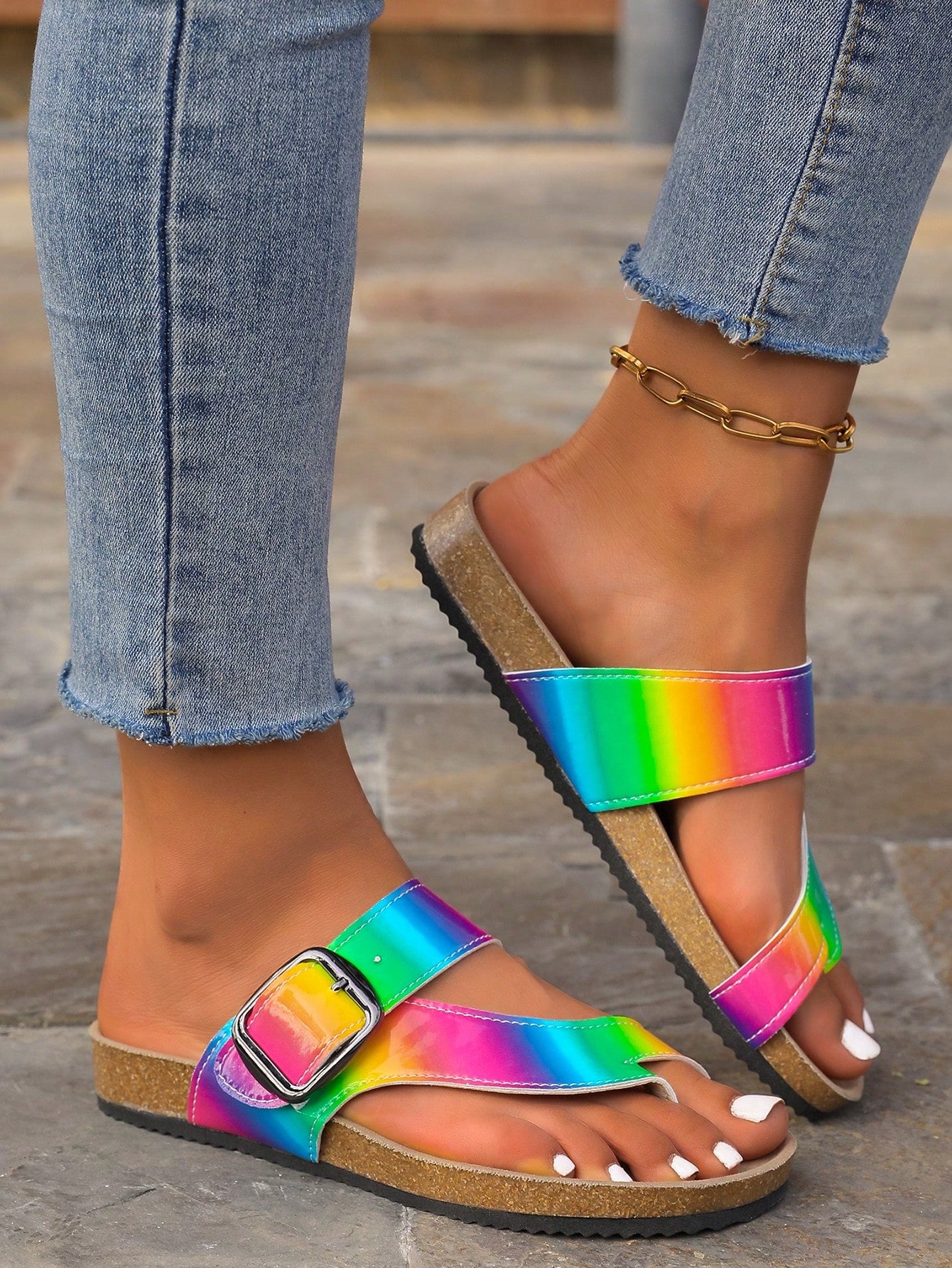 Women's Flat Sandals, Buckled Toe Thong Bohemian Style Beach Shoes With Metal Buckle, Comfortable Cork Sole Retro Classic Shoes Suitable For Parties, Street Style, Vintage And Casual Wear, Spring And Summer New Arrival, Comfortable Roman Sandals For Colle