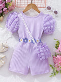 Young Girl Short Sleeve Bubble Textured Ribbed Cross-Back Romper, Including Bag