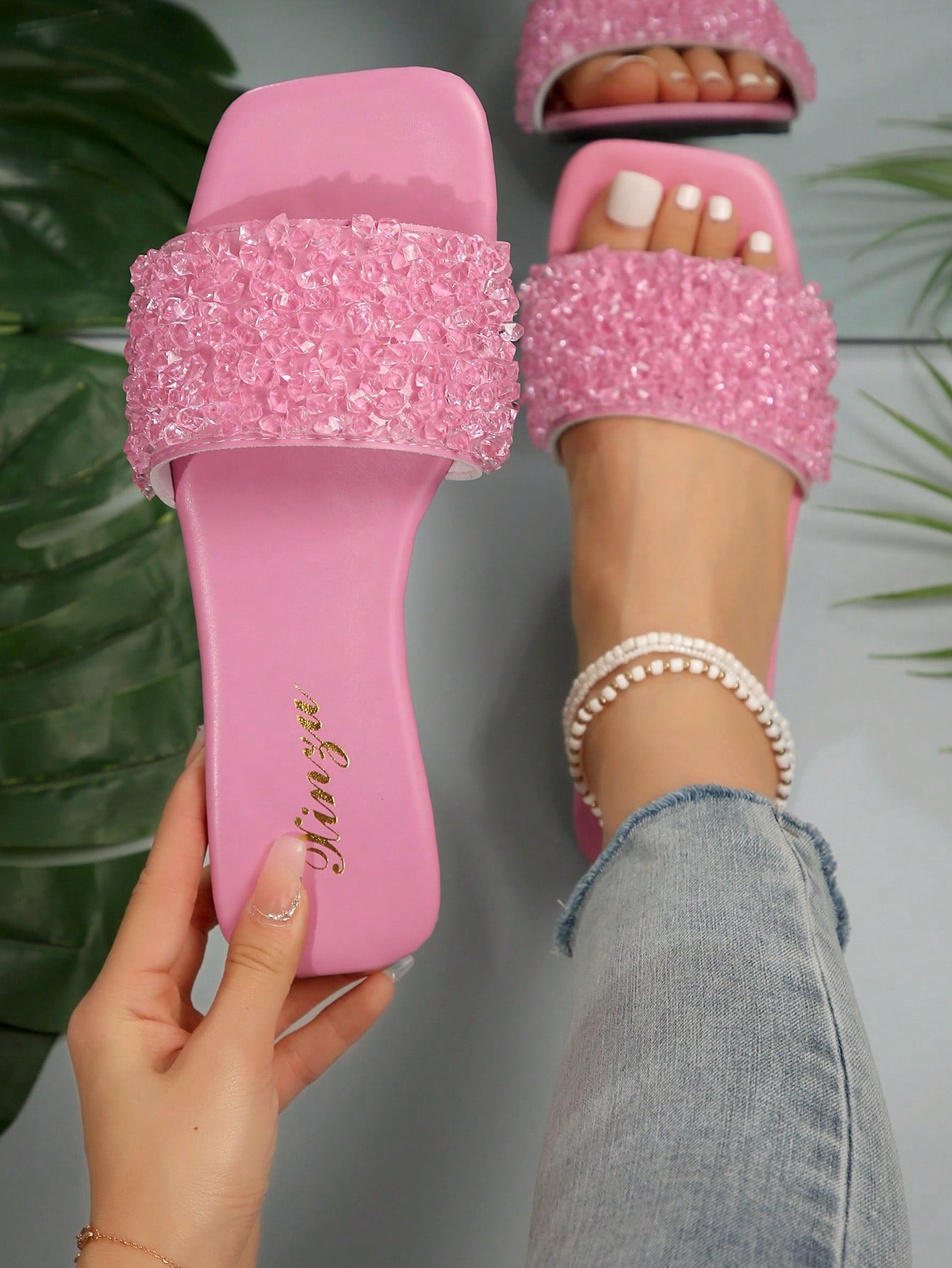 French-Style Luxury Plus-Size Beach Vacation Slipper, Versatile Rhinestone-Embellished Slipper For Indoor & Outdoor Use, Anti-Slip, Fresh & Stylish, For Women & Moms