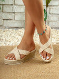 Women's Fashionable Casual Lightweight Wedge Heel Sandals With Thick Soles, Trendy Woven Straw Rope Design