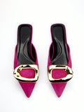 Women's Fashionable Pink Pointed Toe Flat Mules With Gold Buckle Decor