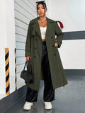 Casual College American Retro Double-Breasted Windbreaker With Suit Collar, Turn-Down Collar And Side Pockets, Long Length