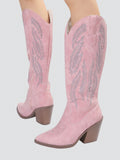 European And American Knight Boots, Pink Western Cowboy Boots, Pointed Mid-Calf Boots, Embroidery Ins Thick Heel  Boots For Women