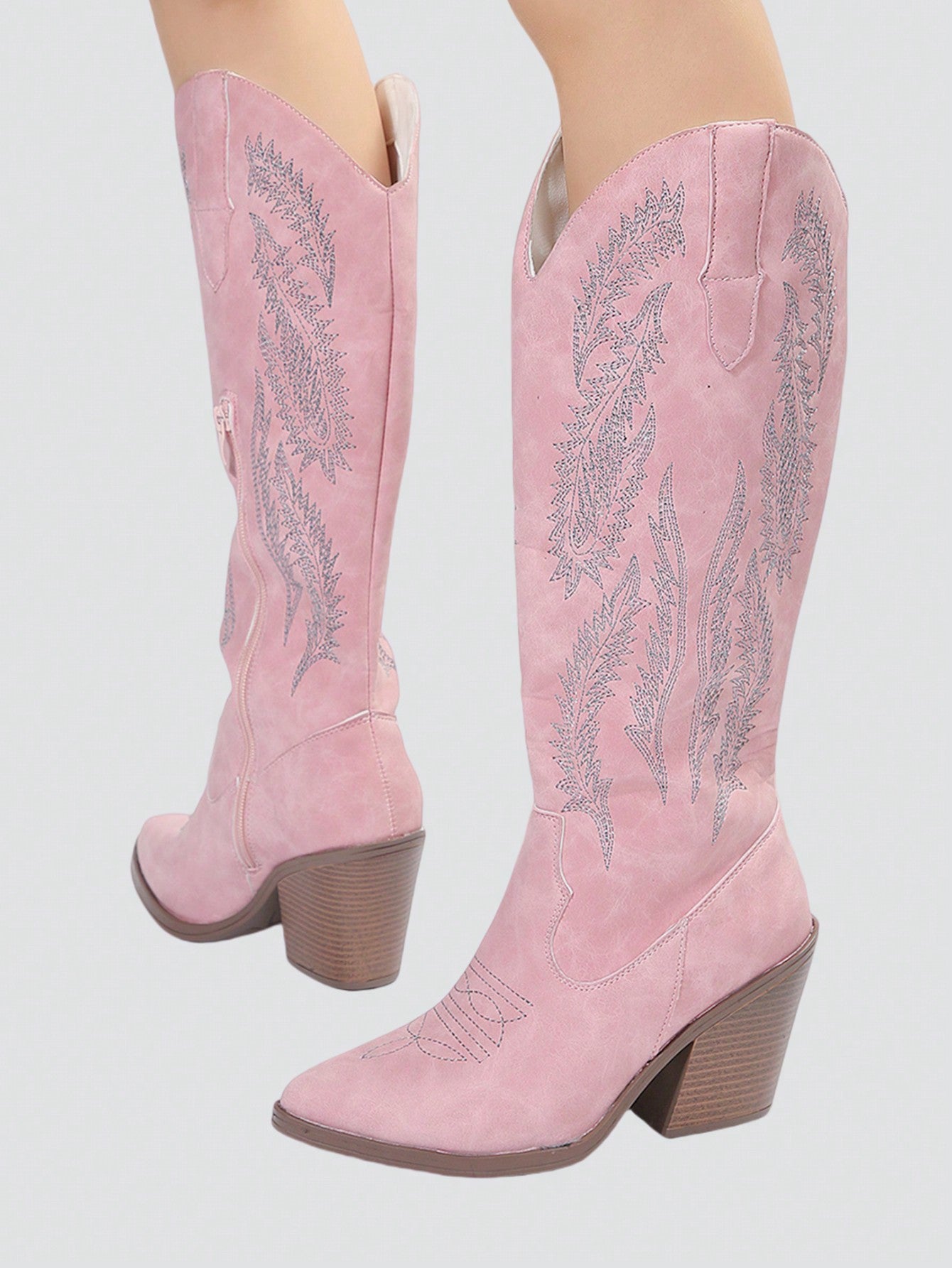 European And American Knight Boots, Pink Western Cowboy Boots, Pointed Mid-Calf Boots, Embroidery Ins Thick Heel  Boots For Women