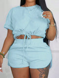 Women's Round Neck Drawstring Solid Color Short Sleeve T-Shirt And Shorts Two Piece Set