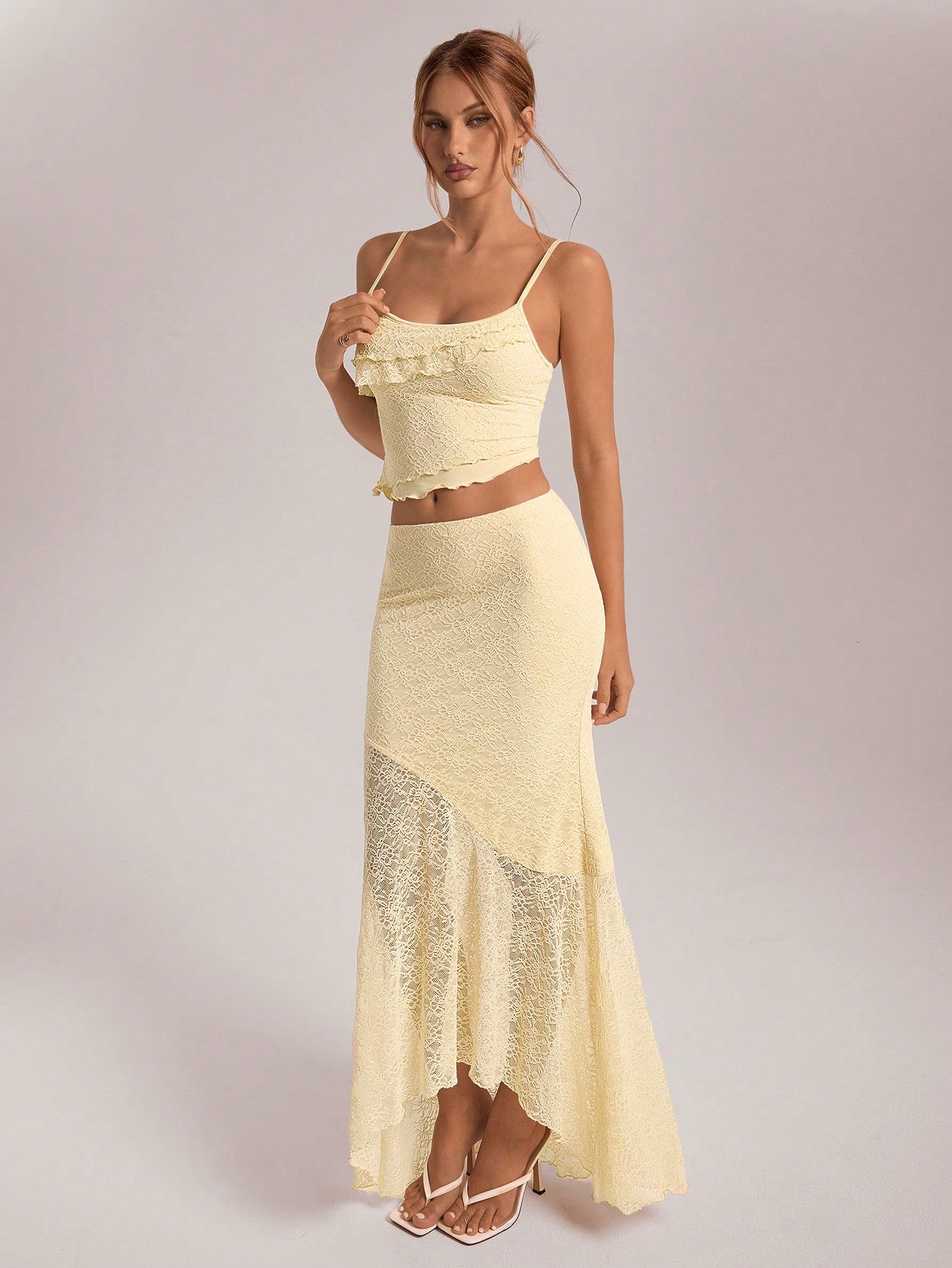 Women's Spring/Summer Vacation/Wedding Season Asymmetrical Lace Vest With Sheer Hem And Low Waist Fish Tail Ruffled Skirt 2-Piece Set