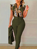 Women's Summer Leopard Print Notch Neck Cap Sleeve Blouse And Pants Daily Commute Outfit, 2pcs/Set