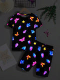 Tween Girl Snug Fit 2pcs Night Glow Butterfly Crystal Pattern Printed Short Sleeve Shorts Knit Home Sleepwear Set, Summer