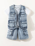 Young Boy Trendy Casual Tooling Jean Vest & Denim Shorts Denim Outfit