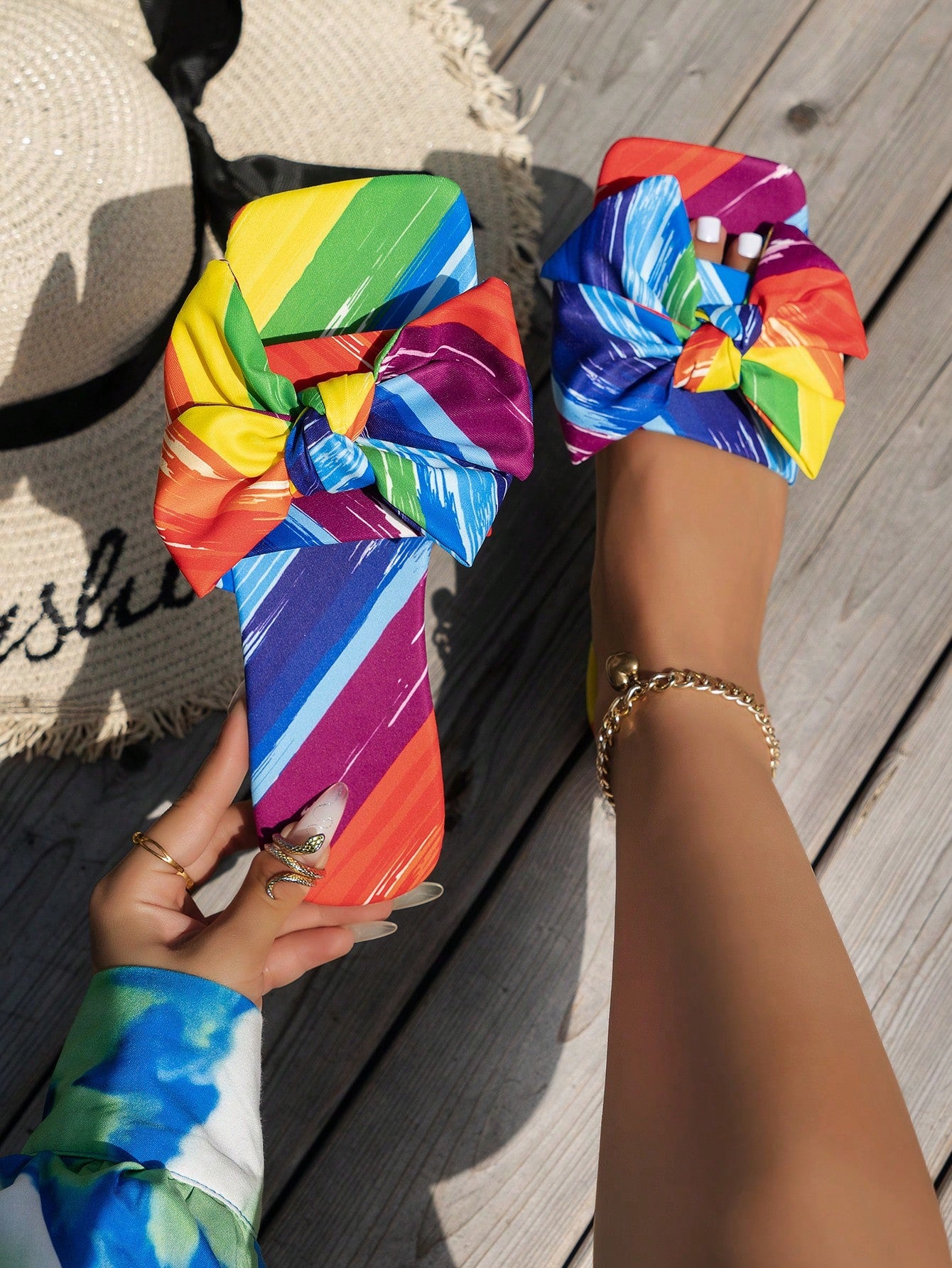 Summer Colorful Rhinestone Floral Flat Sandals, Sexy Party Slippers With Pearl Decorations Bohemian Style Vacation Sandals