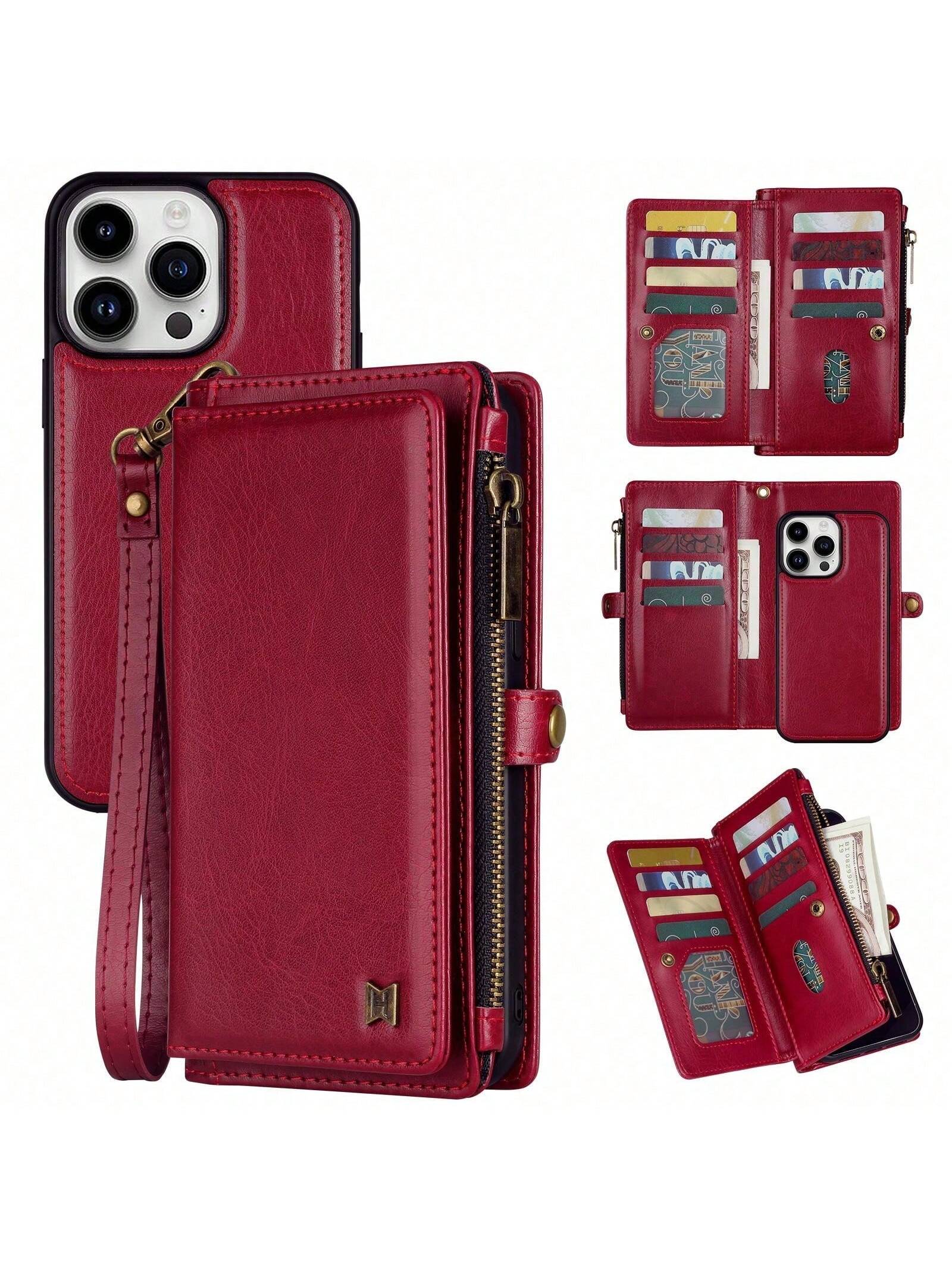 Phone Case With Wristband, Wallet Style With Card Slot, Zipper Money & Bill Holder, Soft PU Leather Double Flip Cover Magnetic Phone Case With Long Neck Strap, Compatible With IPhone/Samsung