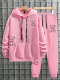 Men's Plus Size Casual Fleece Hoodie And Sweatpants Set With Bear Print And Drawstring
