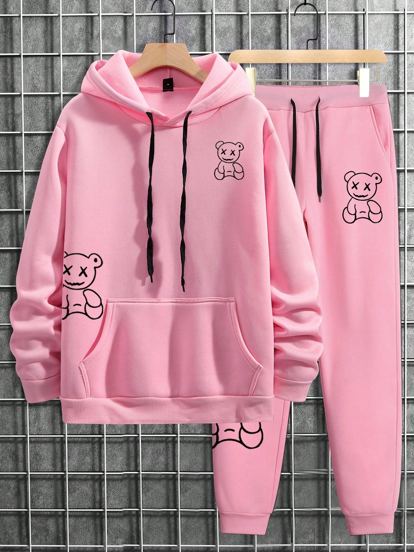 Men's Plus Size Casual Fleece Hoodie And Sweatpants Set With Bear Print And Drawstring