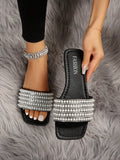 Women's Sweet Pearl & Rhinestone Flat Slippers, Summer New Simple And Fashionable White Slip-On Style Ladies' Shoes