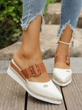 Women's Wedge Heel & Platform Shoes, Beige High Heels With Woven Straw Thick Sole, Square Buckle, Pointed Toe, Shallow Mouth, Stone-Textured Leather Surface Soft Wedge Sole Shoes, Large Size Woven Half Toe Platform Sandals