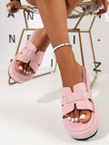Women's Pink Crossed Woven Sandals With Open Toe, Wedge Heel And Thick Sole; Pink Flower Printed Comfortable Thick Sole Sandals For Casual And Elegant Occasions, Music Festivals, Outdoor Hiking And Weddings; Platform Flip Flops With Discount, Women's Fash