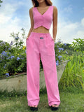 Hot Pink Button Front Vest Blazer & Letter Patched Detail Wide Leg Suit Pants For Summer