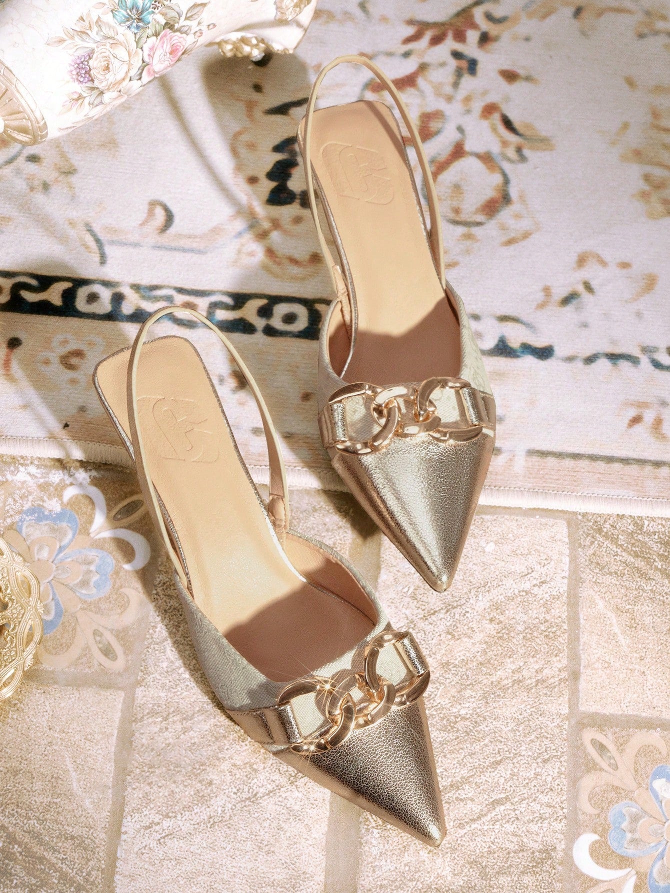 TILAWA Women's Chain Decorated Vintage Floral Patchwork Design Pointed Toe Slingback Kitten Heels, Fashionable And Comfortable For Daily Wear, Outdoor Events And Family Gatherings, Spring And Summer, Brown Halloween