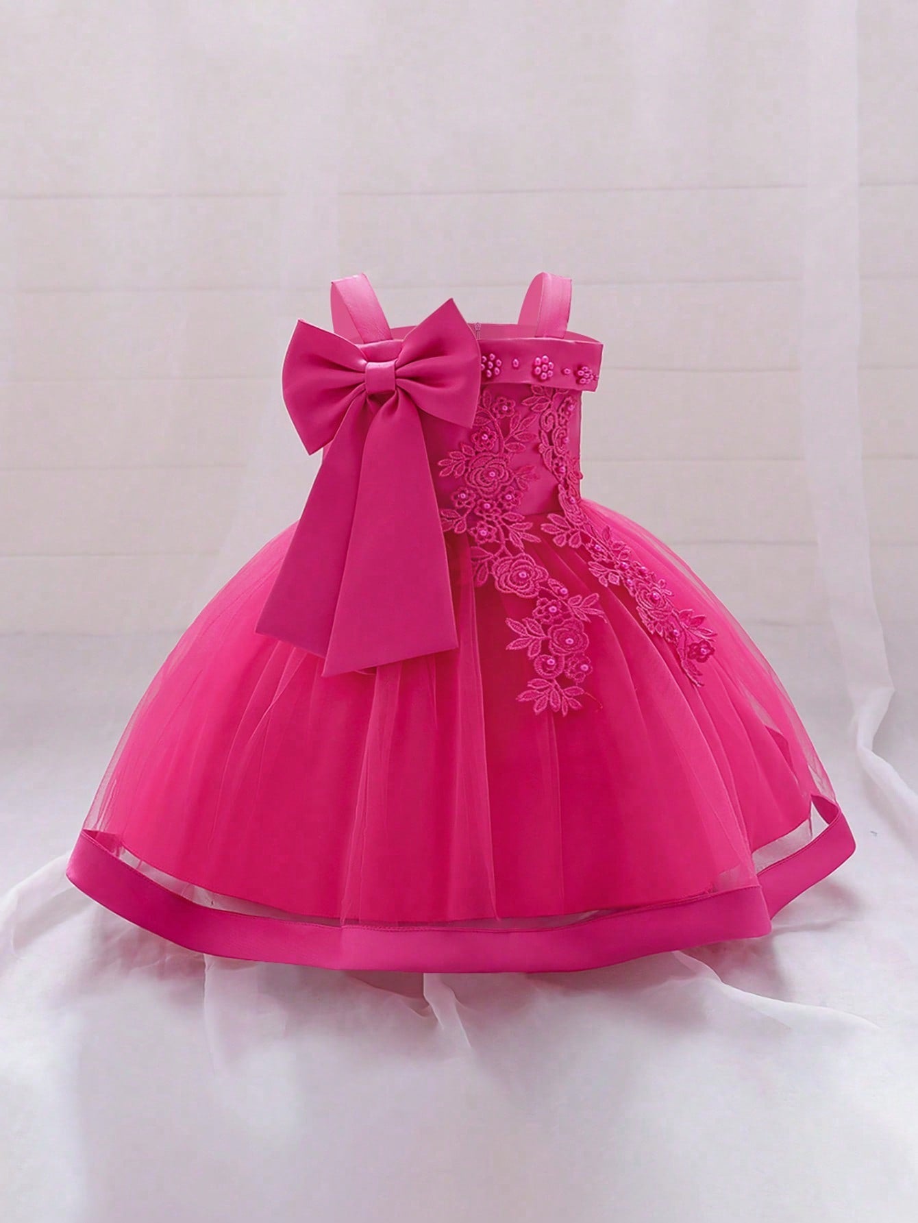 Young Girl Solid Color Organza Splicing Satin Bow Decoration Off-Shoulder Fluffy Dress, Elegant And Gorgeous Dress For Birthday Party