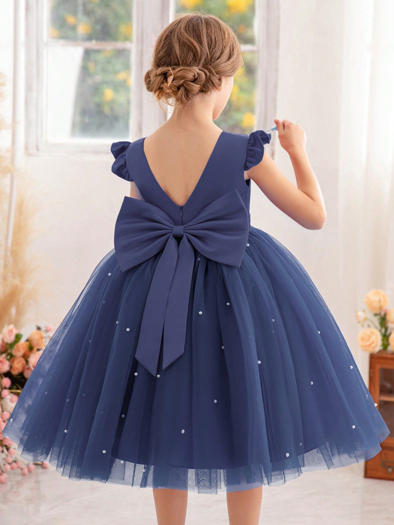 Young Girl Flutter Sleeve Tulle Formal Dress, Suitable For Birthday Party, Dance Party, Casual, Daily Wear, Musical Performance, And Stage Costume