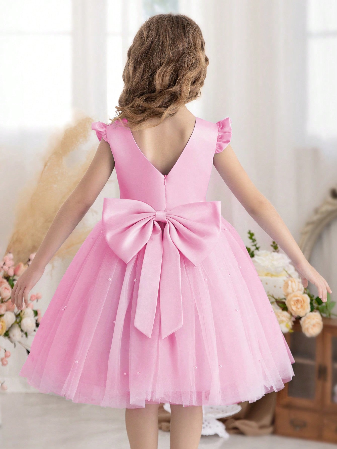 Young Girl Flutter Sleeve Tulle Formal Dress, Suitable For Birthday Party, Dance Party, Casual, Daily Wear, Musical Performance, And Stage Costume